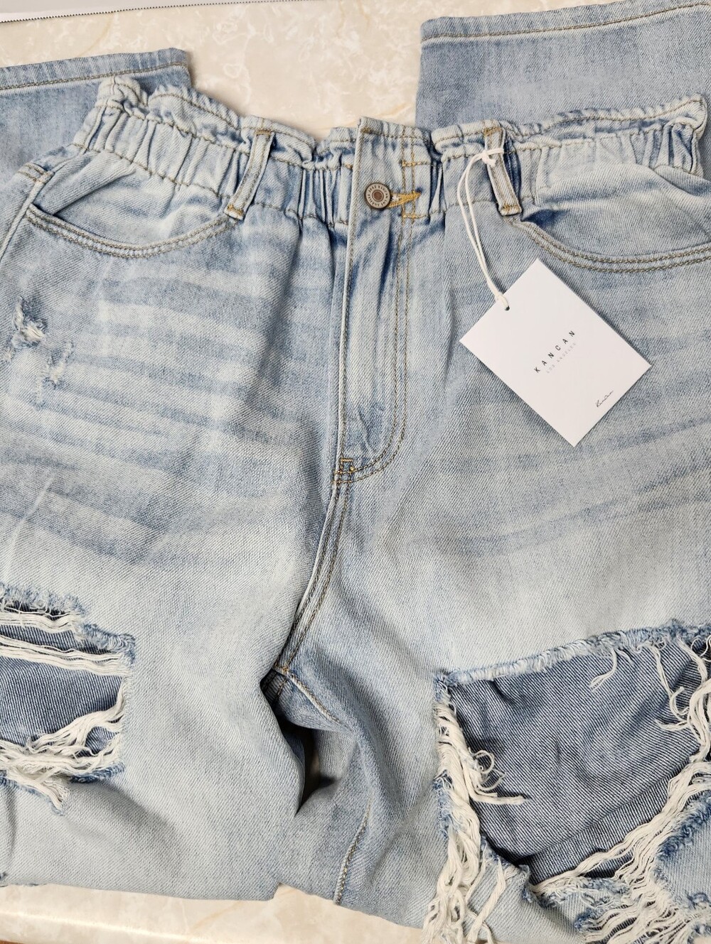 Kancan High Rise Paper Bag Light Wash Distressed Jeans Sz 13 / 30 New - Picture 1 of 12